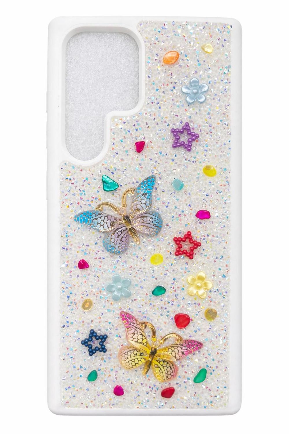 For Samsung S23 Ultra Butterfly Ornaments Diamond Bling Glitter Hybrid Case - White