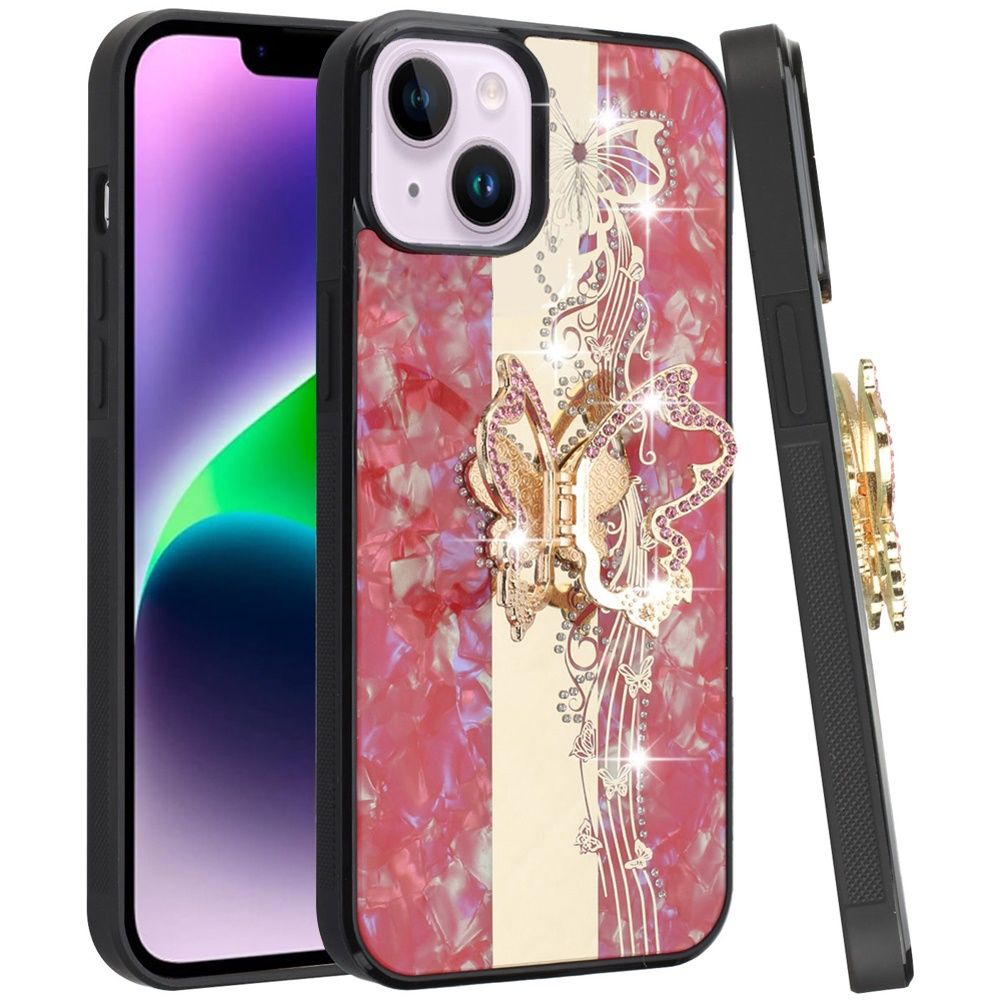 For iPhone 14/iPhone 13 SPLENDID Diamond Glitter Ornaments Engraving Case Cover - Enchanted Butterfly Red