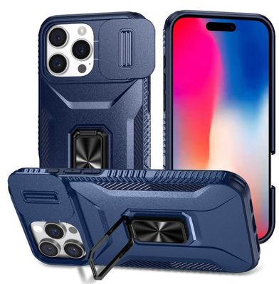 For iPhone 16 Pro 6.3 inch Complete Magnetic Metal Ring Stand Camera Protection Hybrid - Blue
