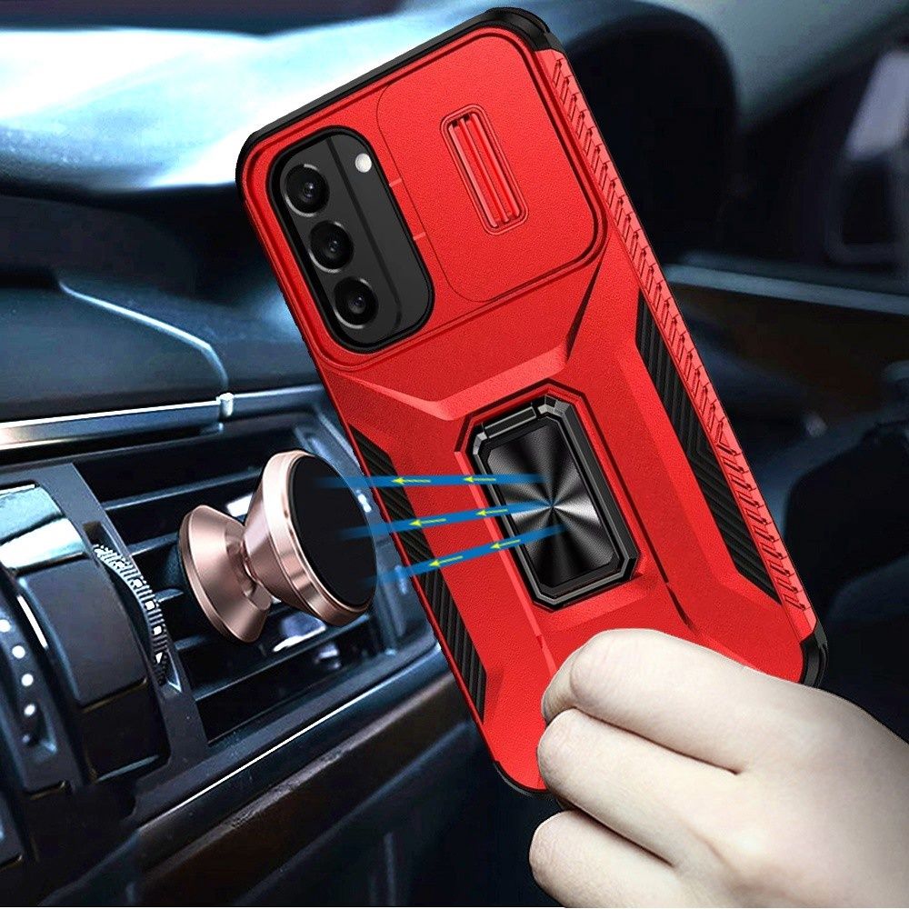 Samsung Galaxy S22 Complete Magnetic Metal Ring Stand Camera Protection Hybrid - Red