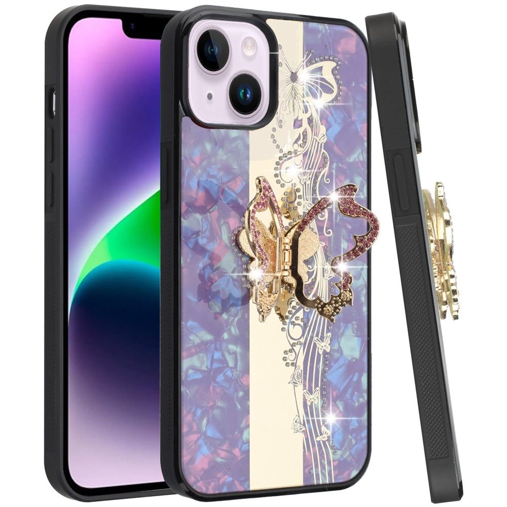 For iPhone 14/iPhone 13 SPLENDID Diamond Glitter Ornaments Engraving Case Cover - Enchanted Butterfly Purple