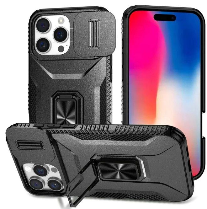 For iPhone 16 Pro 6.3 inch Complete Magnetic Metal Ring Stand Camera Protection Hybrid - Black