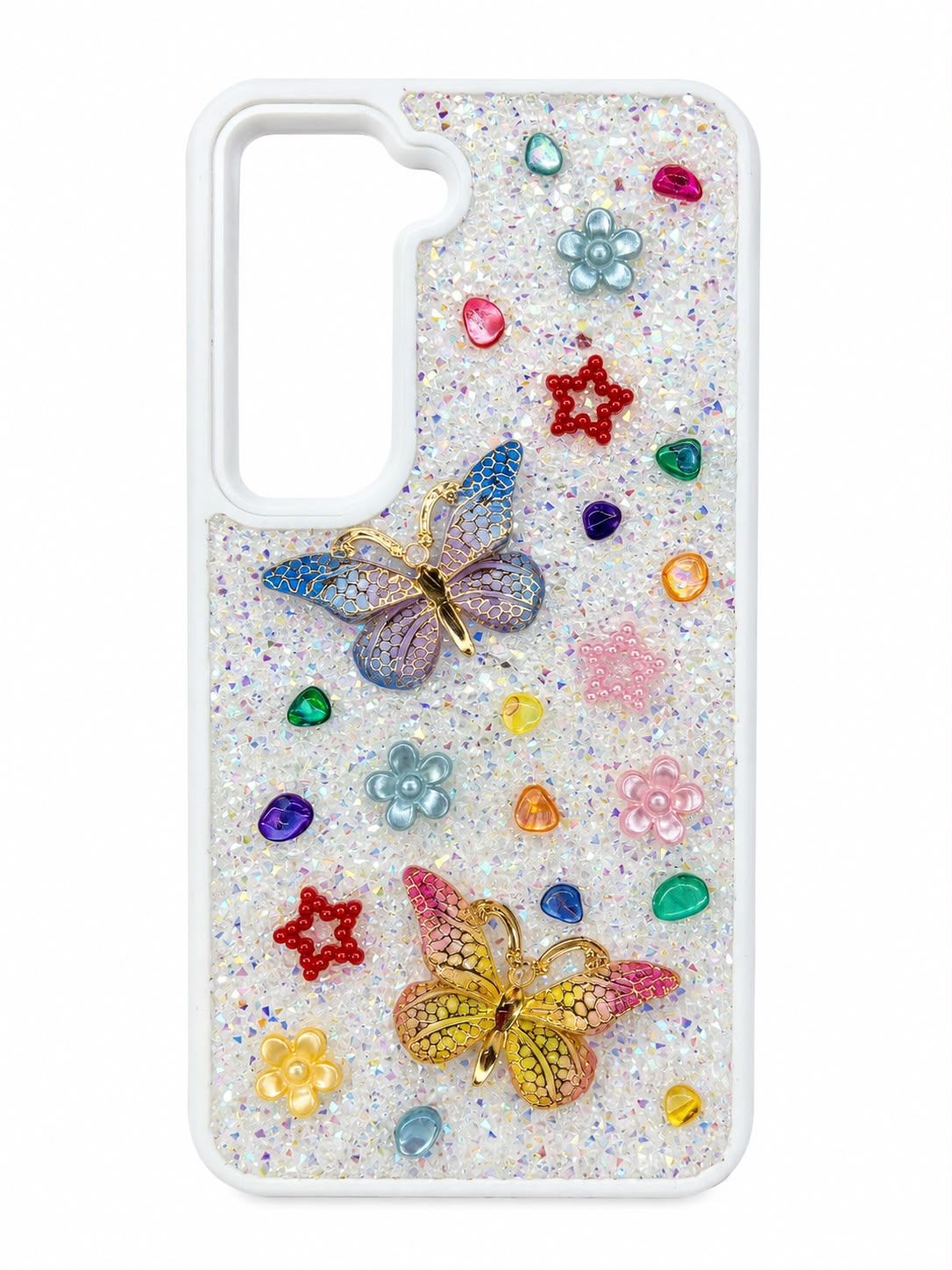 For Samsung S23 Butterfly Ornaments Diamond Bling Glitter Hybrid Case - White