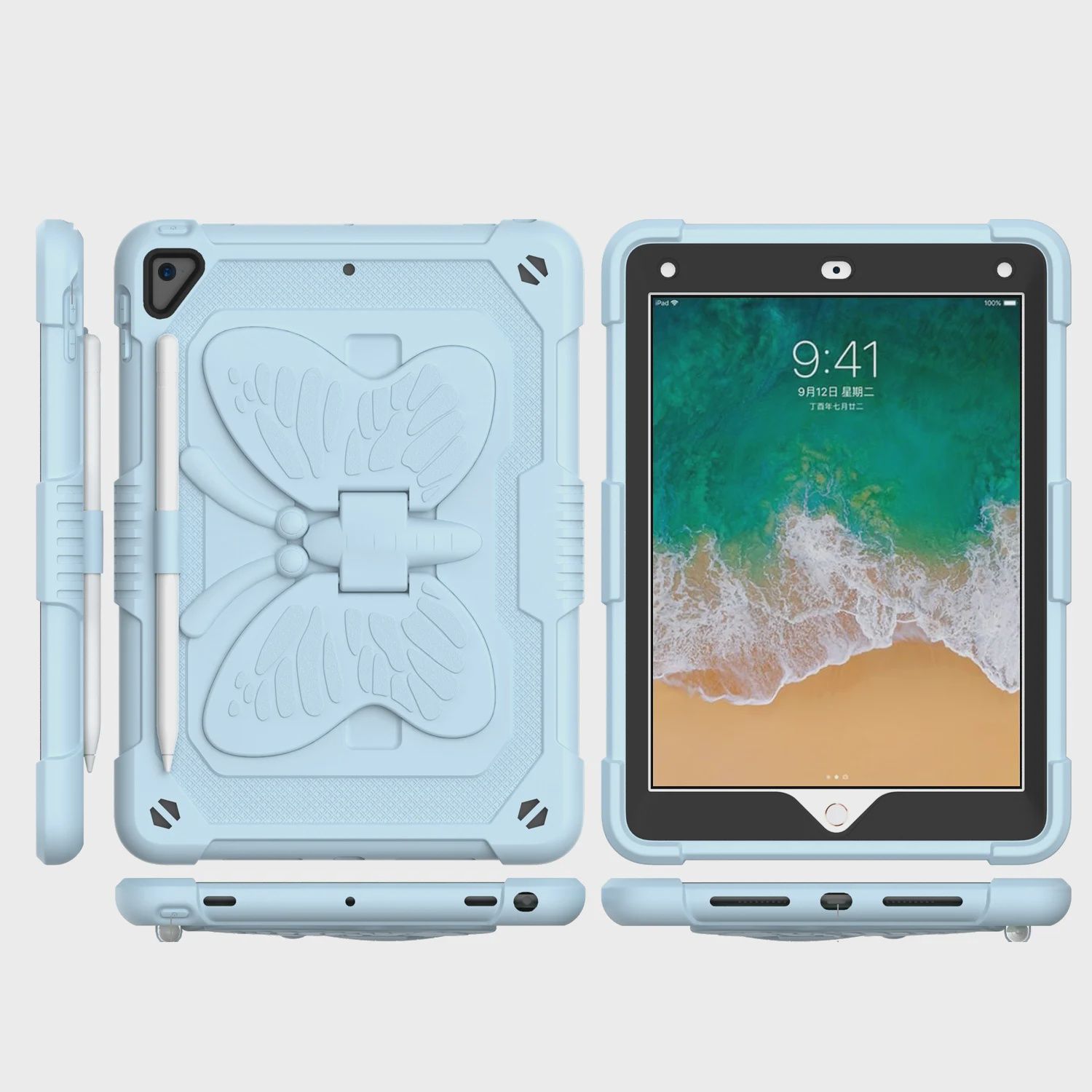 For Apple New iPad 9.7 inch Butterfly Kickstand 3in1 Tough Hybrid Case Cover with Shoulder Strap - Light Blue