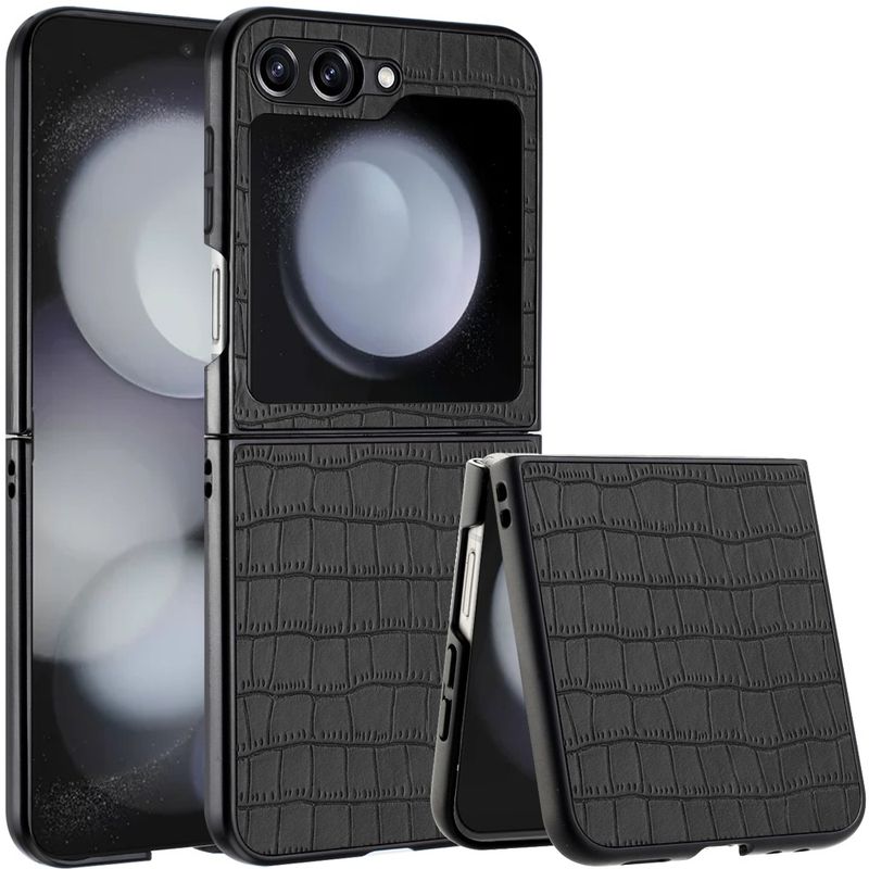 PU Vegan Leather Premium Hard Snap On Case Cover For Samsung Z Flip 6- Black