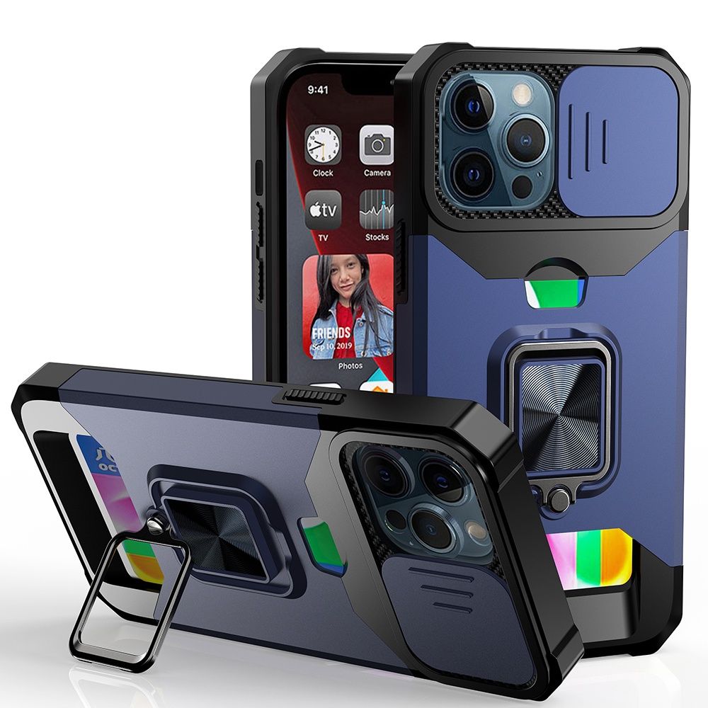IPhone 13/14 Multi-Functional Card Magnetic Ring Stand Hybrid Camera Case Cover - Blue