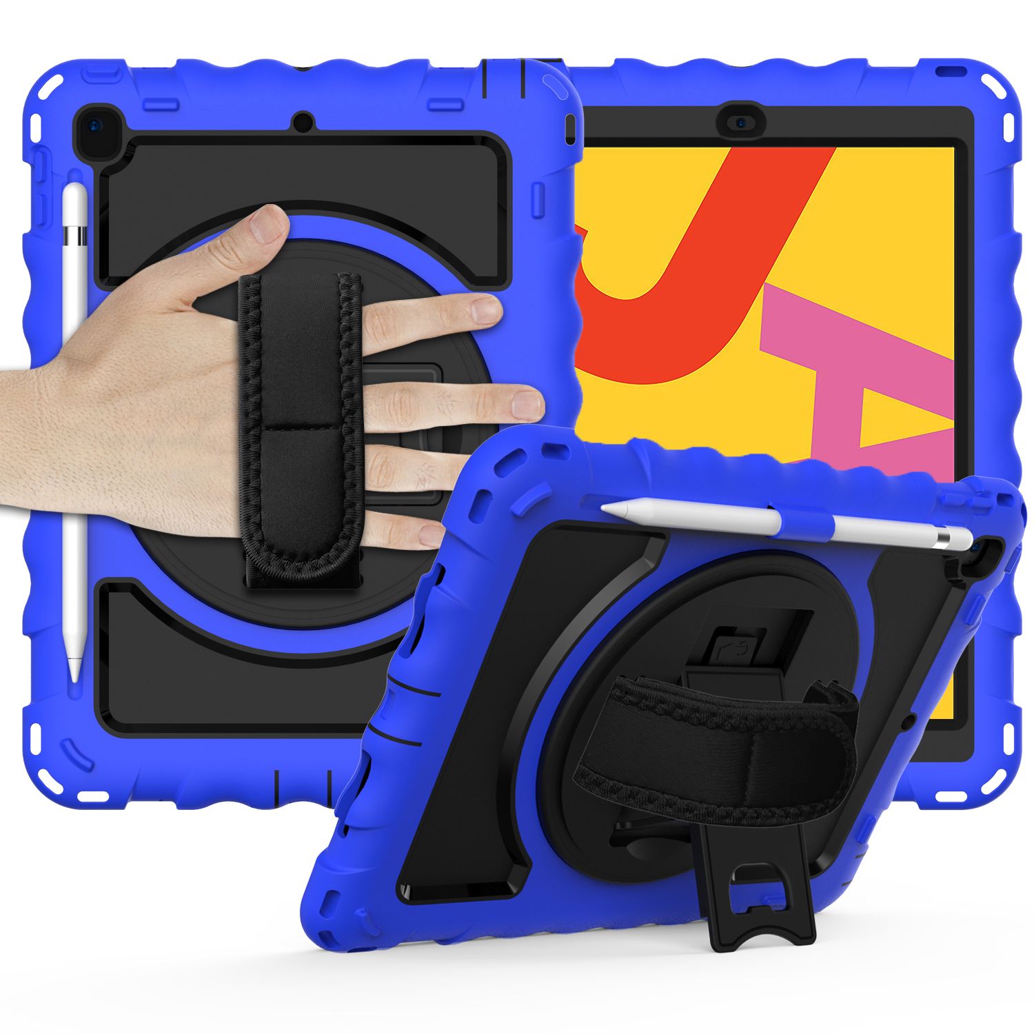 Tablet Complete 360 Tough Hybrid Kickstand with Shoulder Hand Strap For Apple iPad 9.7 inch- Dark Blue