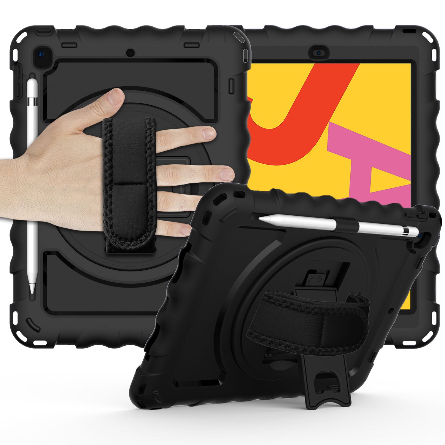 Tablet Complete 360 Tough Hybrid Kickstand with Shoulder Hand Strap For Apple iPad 9.7 inch- Black