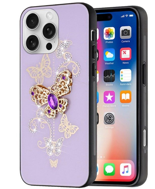 For iPhone 16 Pro 6.3 inch SPLENDID Diamond Glitter Ornaments Engraving Case Cover - Garden Butterflies Purple