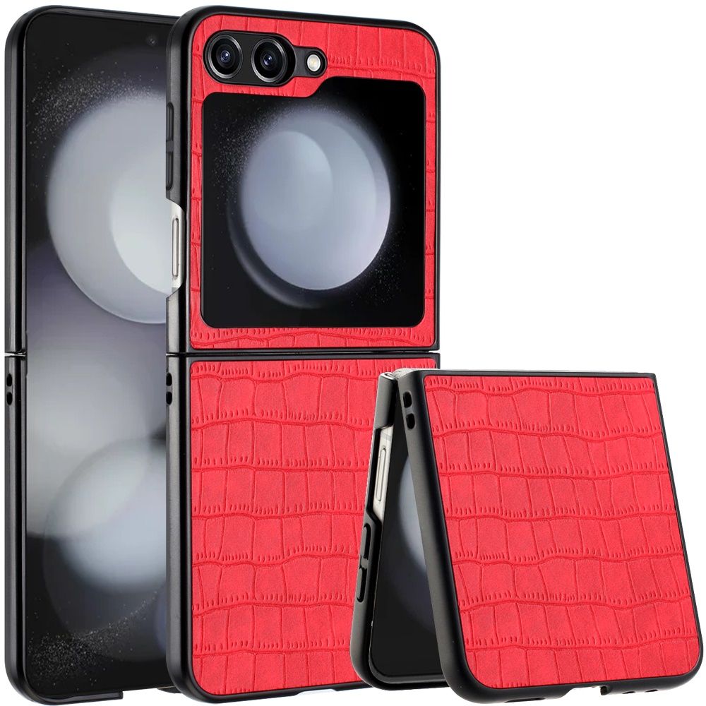 PU Vegan Leather Premium Hard Snap On Case Cover For Samsung Z Flip 6- Red