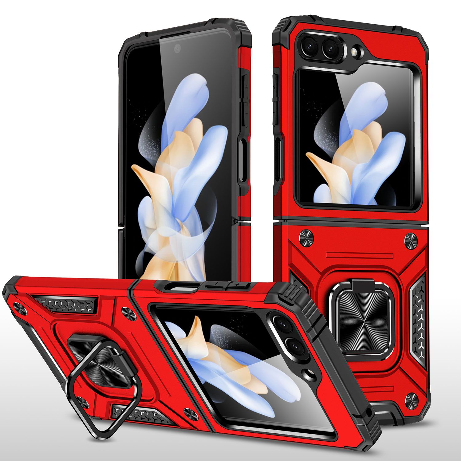 For Samsung Galaxy Z Flip 5 Robust Magnetic Kickstand Hybrid Case Cover - Red