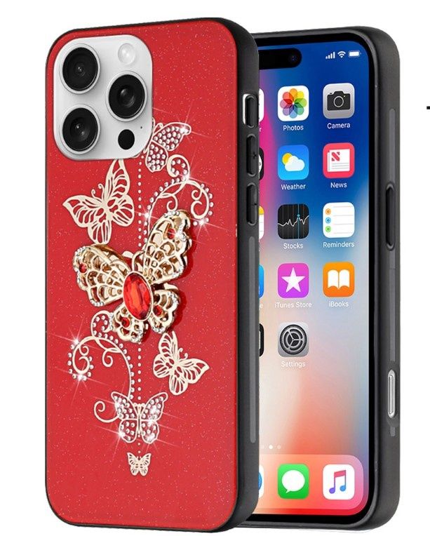 For iPhone 16 Pro 6.3 inch SPLENDID Diamond Glitter Ornaments Engraving Case Cover - Garden Butterflies Red