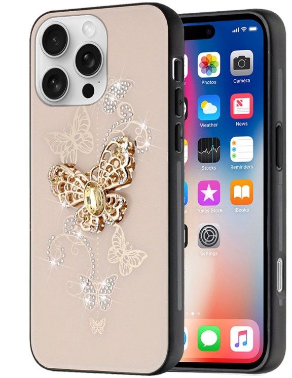 IPhone 16 Pro 6.3 inch SPLENDID Diamond Glitter Ornaments Engraving Case Cover - Garden Butterflies Gold