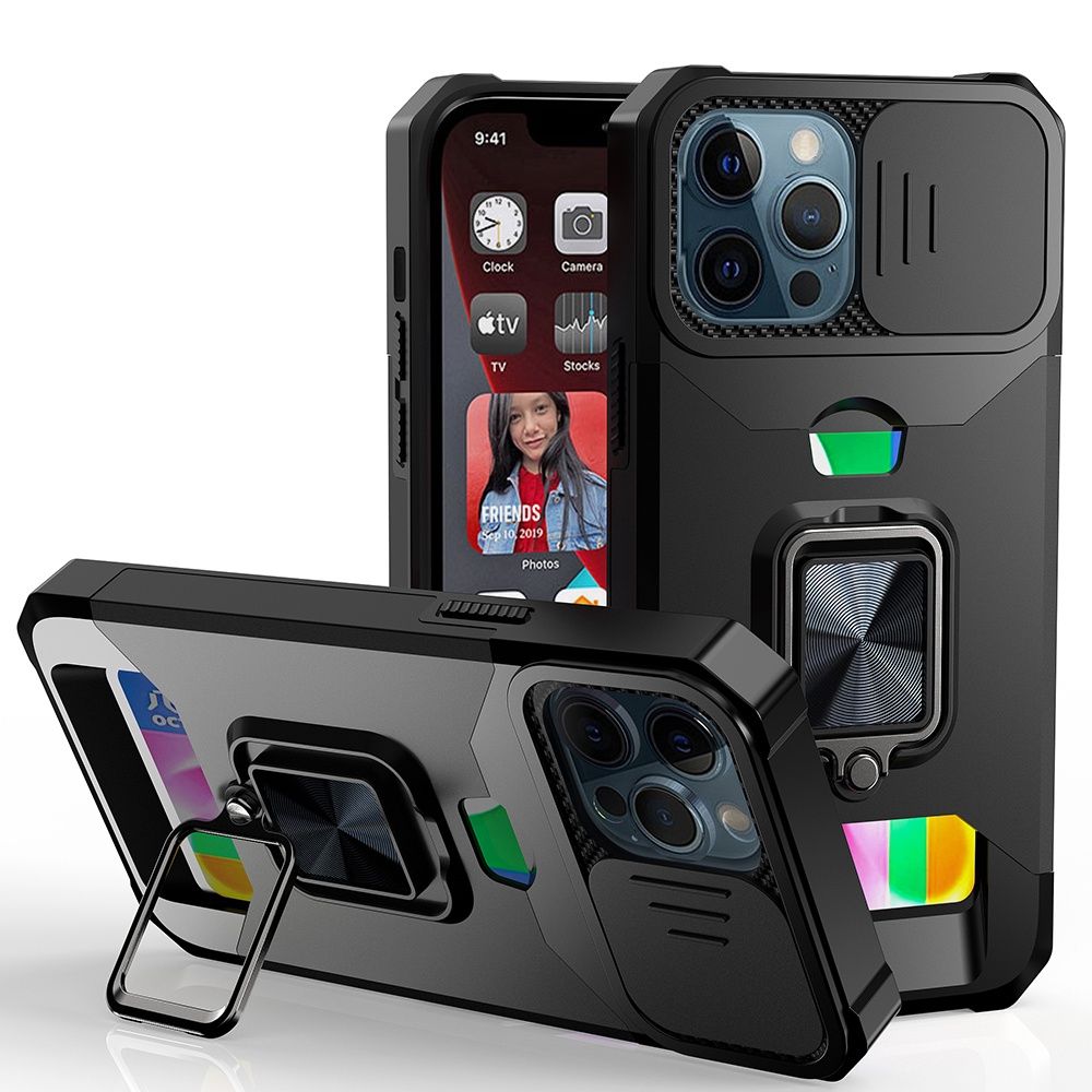 IPhone 13/14/15 Multi-Functional Card Magnetic Ring Stand Hybrid Camera Case Cover - Black
