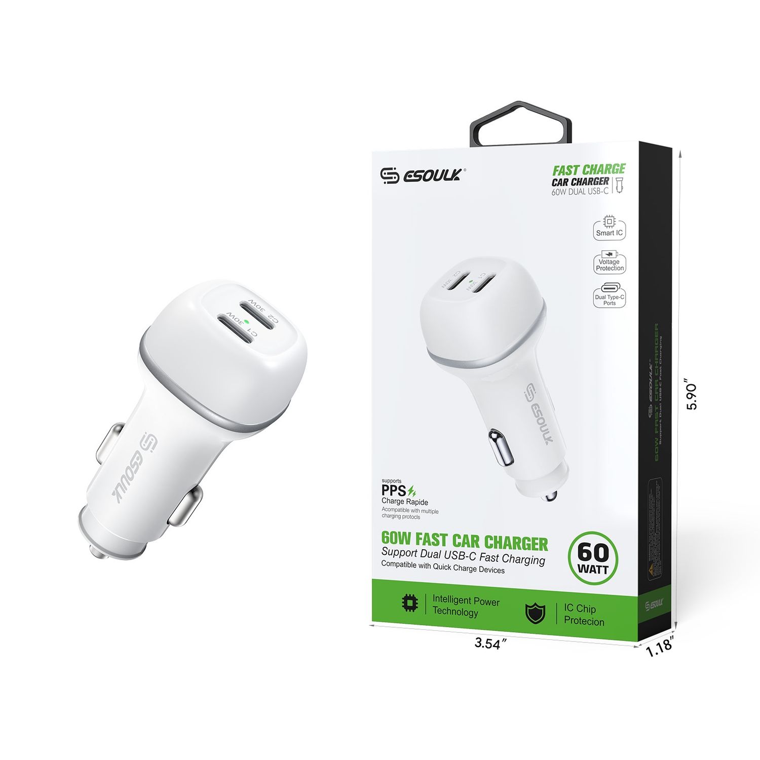 60W PD DUAL USB-C CAR Charging Plug(12/48)Item: EK-2004WH