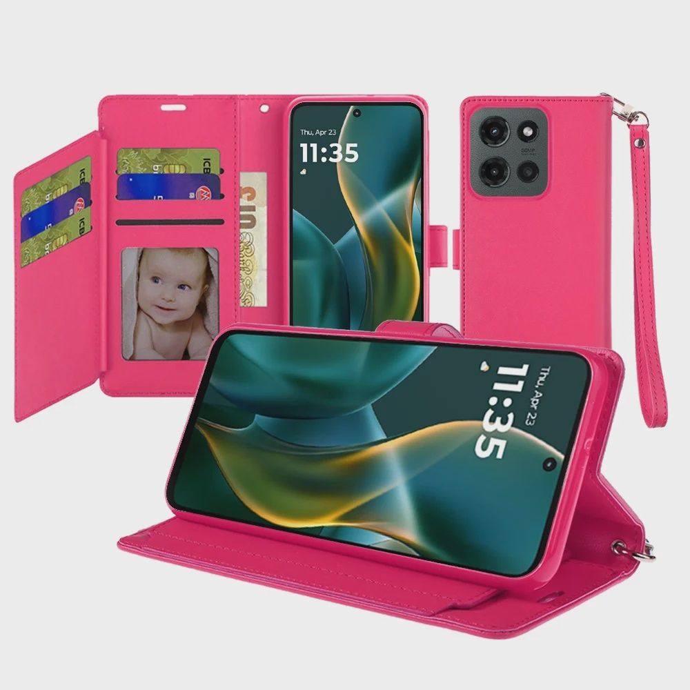 Wallet ID Card Holder Case Cover for Moto G Stylus 5G 2025 - Hot Pink