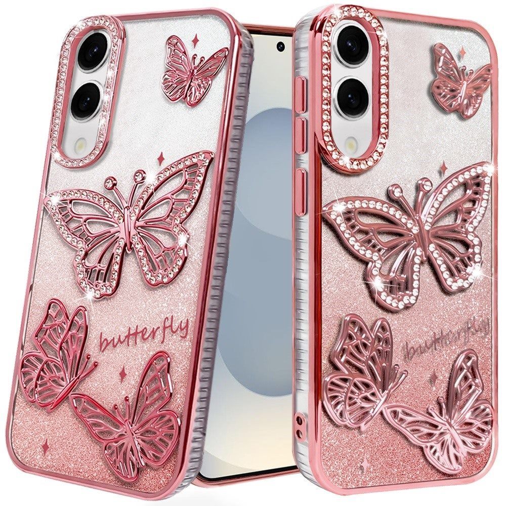 Butterfly Freedom Shimmer Glitter Thick TPU Case Cover For Samsung Galaxy s25 Edge - Rose Gold