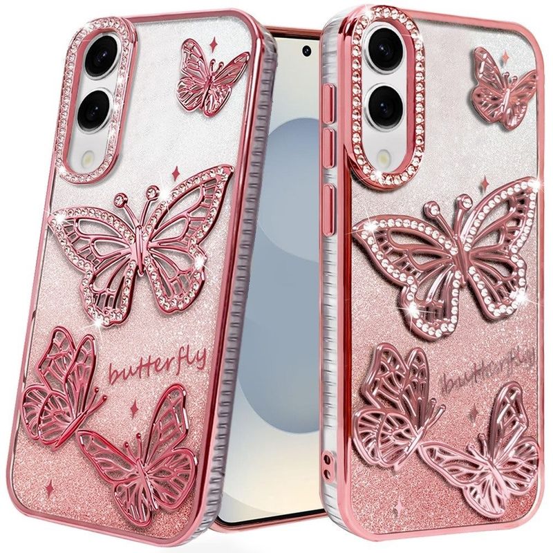 Butterfly Freedom Shimmer Glitter Thick TPU Case Cover For Samsung Galaxy s25 Edge - Rose Gold