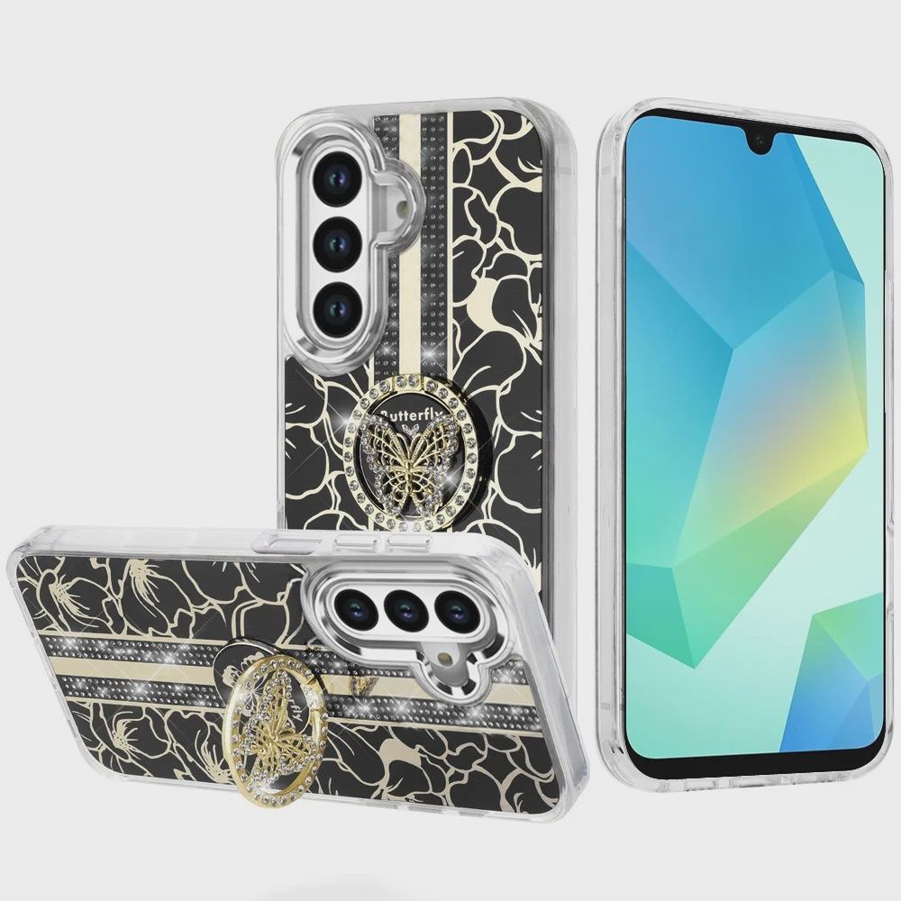 Samsung A16 5G Splendid Floral Designs with Metal Camera and Buttons with Butterfly Ring Stand Hybrid Case - Black