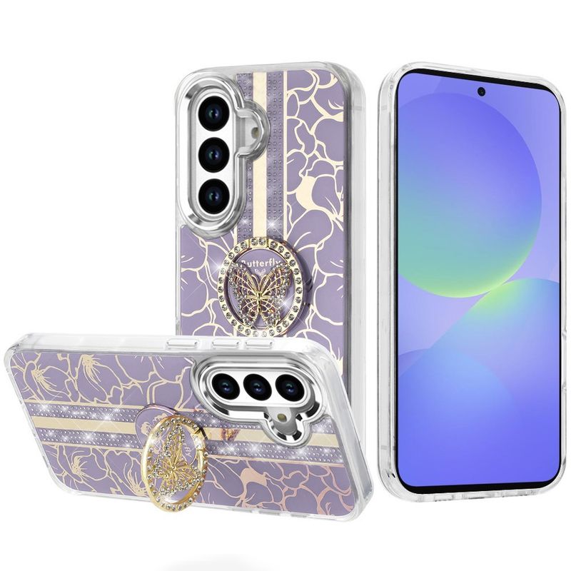 Splendid Floral Designs with Metal Camera and Buttons with Butterfly Ring Stand Hybrid Case A-36 5G  - Purple