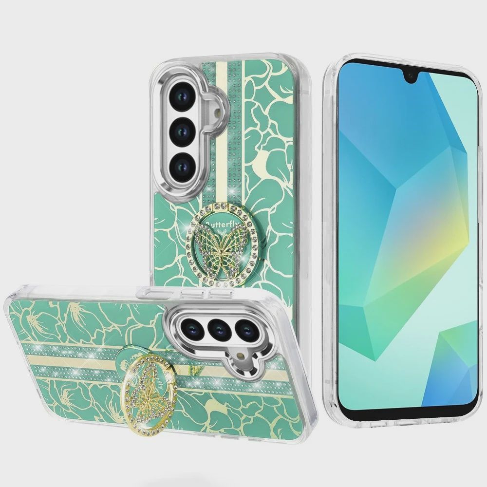 For Samsung A16 5G Splendid Floral Designs with Metal Camera and Buttons with Butterfly Ring Stand Hybrid Case - Light Green