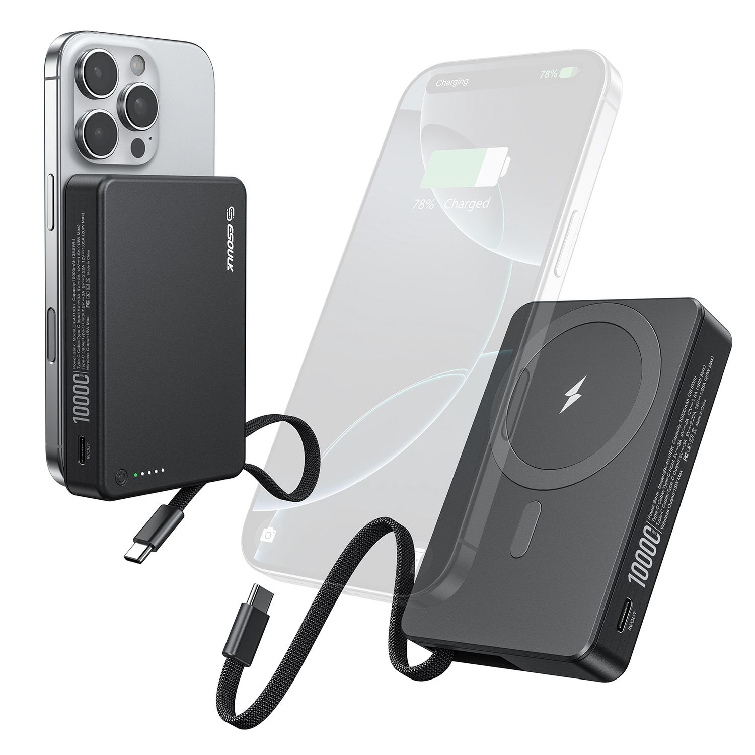 10000mAh Built-In Cable Magnetic Power Bank EK-4010BK