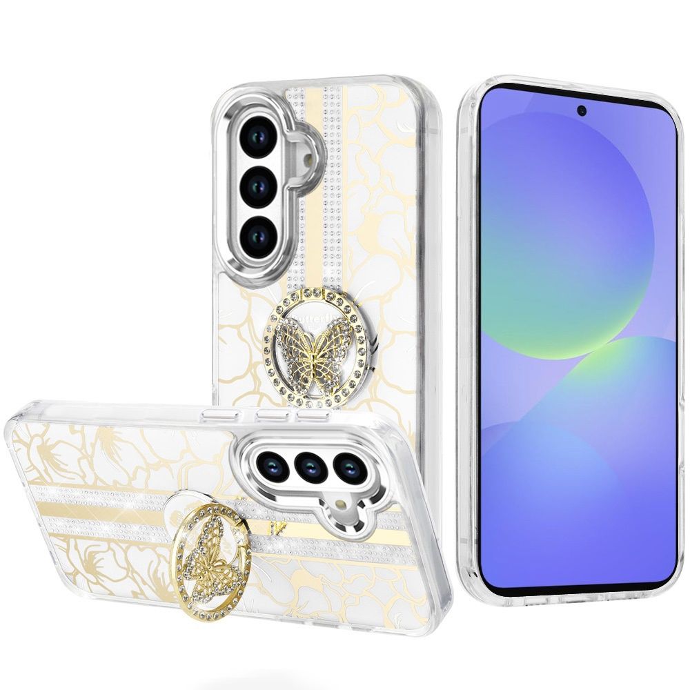 Splendid Floral Designs with Metal Camera and Buttons with Butterfly Ring Stand Hybrid Case A-36 5G  - WHITE