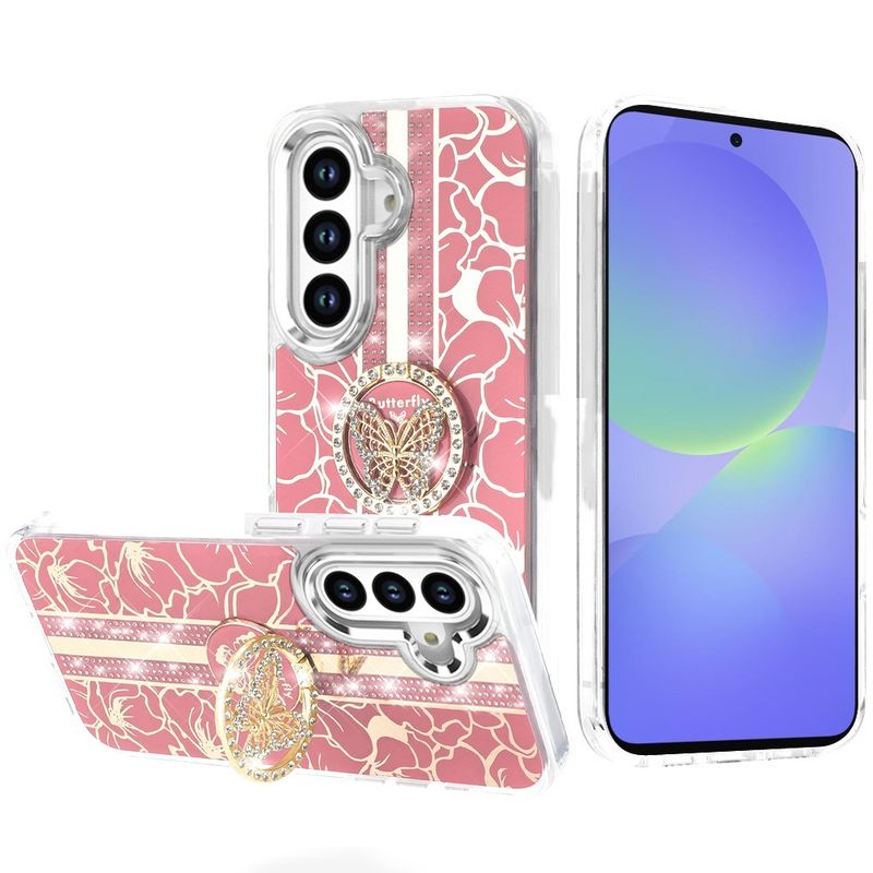 Splendid Floral Designs with Metal Camera and Buttons with Butterfly Ring Stand Hybrid Case A-36 5G  -PINK