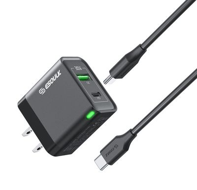 30W PD&amp;QC WALL CHARGER +5FT USB-C TO USB-C CABLE - EK-2008BK