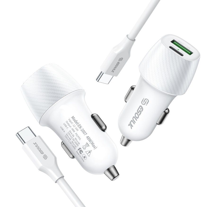 Esoulk 48W PD&amp;QC CAR CHARGER +3FT USB-C TO USB-C CABLE