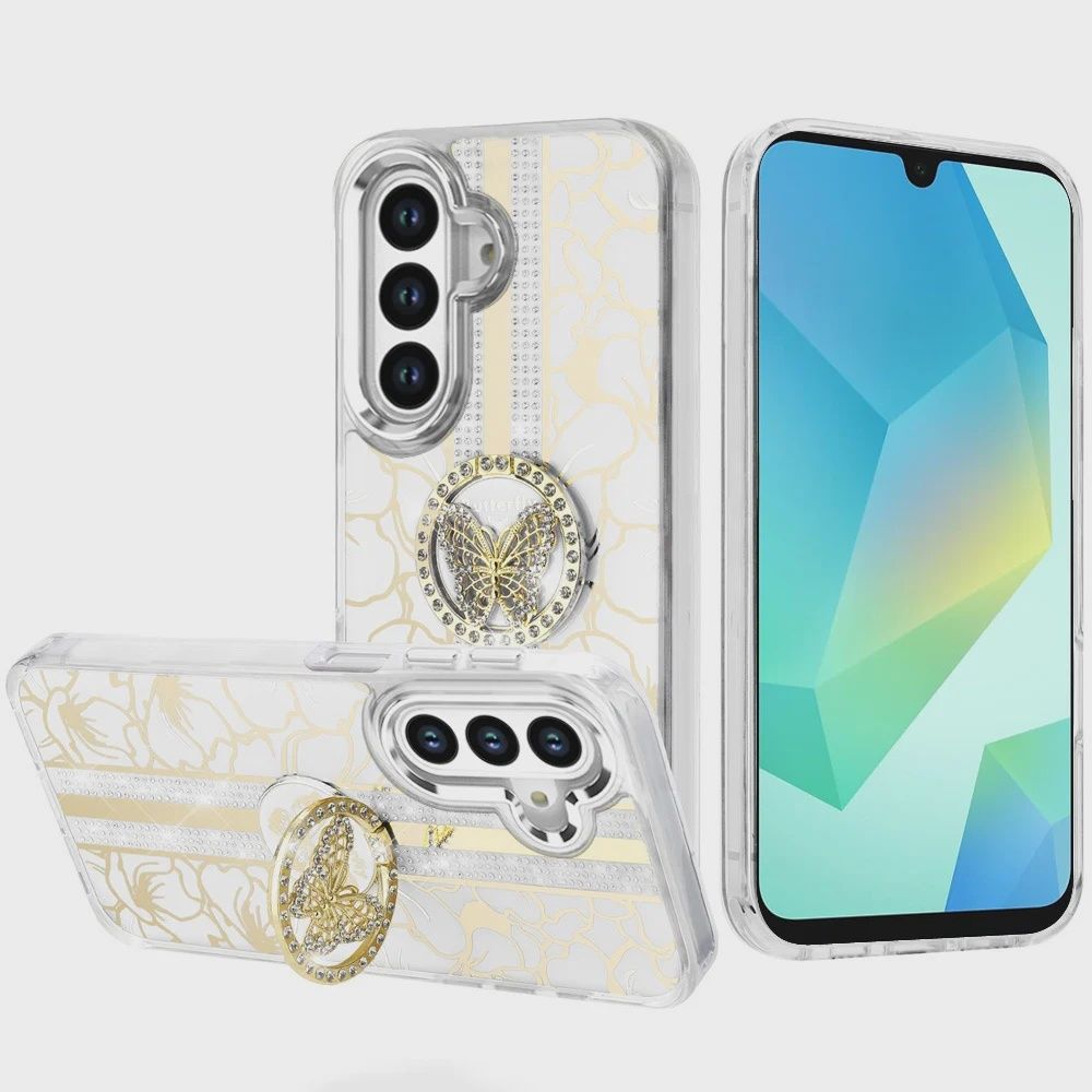 Samsung A16 5G Splendid Floral Designs with Metal Camera and Buttons with Butterfly Ring Stand Hybrid Case - White