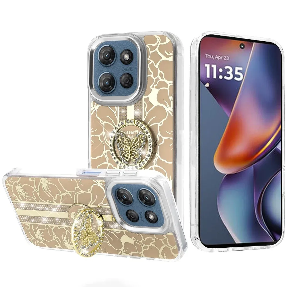 Splendid Floral Designs with Metal Camera and Buttons with Butterfly Ring Stand Hybrid Case For Motorola Moto G 5G 2025 - Gold