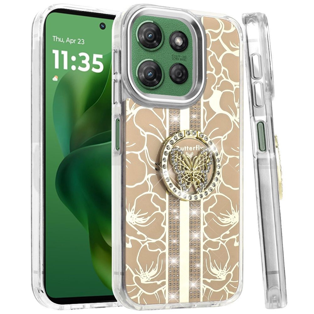 Splendid Floral Designs with Metal Camera and Buttons with Butterfly Ring Stand Hybrid Case for Motorola Moto G Power 5G 2025 - Gold