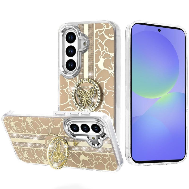 Splendid Floral Designs with Metal Camera and Buttons with Butterfly Ring Stand Hybrid Case A-36 5G  -GOLD
