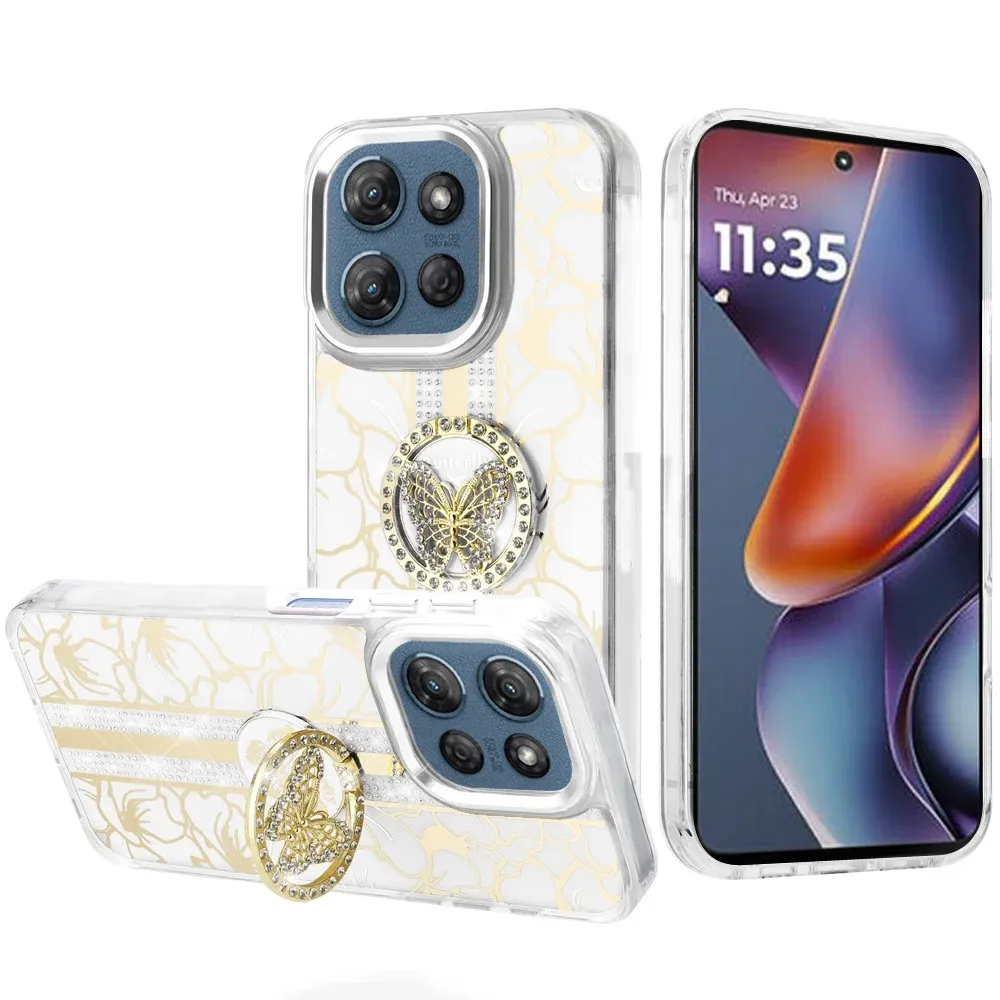 For Motorola Moto G 5G 2025 Splendid Floral DesignSplendid Floral Designs with Metal Camera and Buttons with Butterfly Ring Stand Hybrid Case For Motorola Moto G 5G 2025 - Whites with Metal Camera and