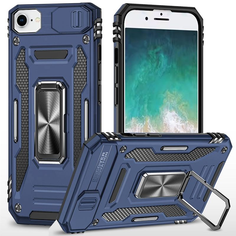 For iPhone 16E / SE4 Utter Tough Metal Utter Tough Metal Ring Movable Camera Window Hybrid Case Cover For iPhone 16E / SE4 - Navy blueRing Movable Camera Window Hybrid Case Cover - Navy blue