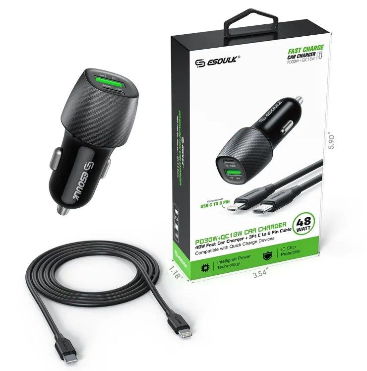 Esoulk 48W PD&amp;QC CAR CHARGER +3FT USB-C TO 8 PIN CABLE BLK