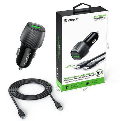 Esoulk 48W PD&amp;QC CAR CHARGER +3FT USB-C TO 8 PIN CABLE BLK