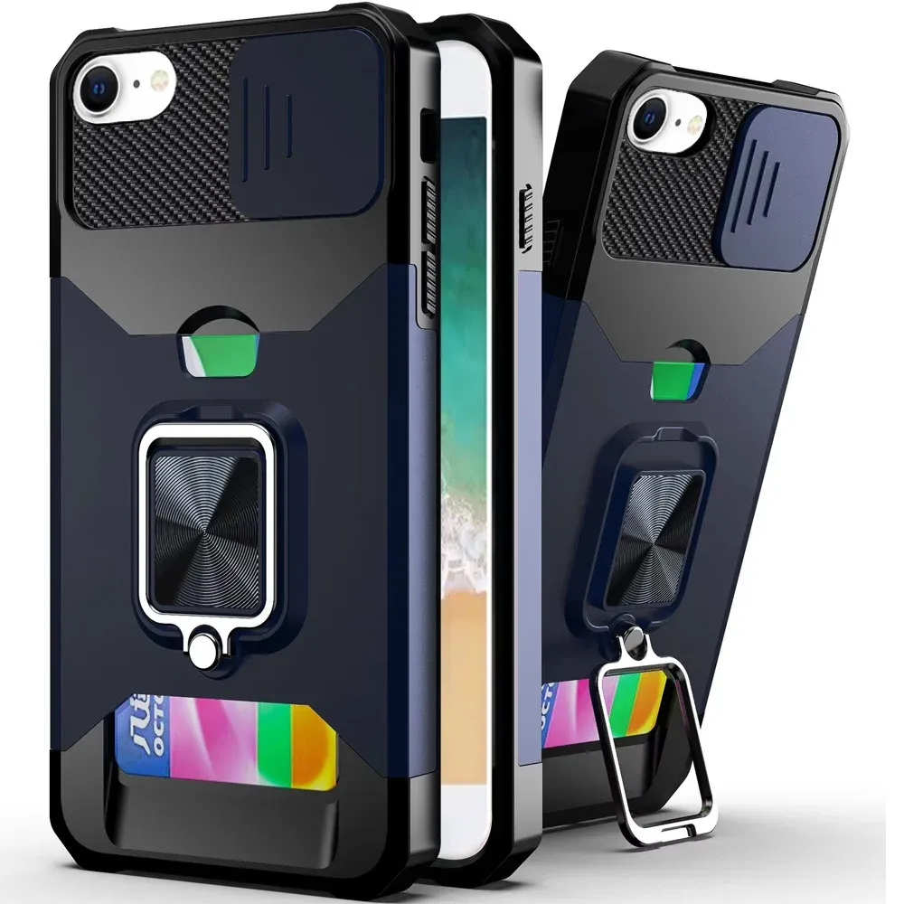 For iPhone 16E / SE4 Multi-Functional Card Magnetic Ring Stand Hybrid Camera Case Cover - Blue