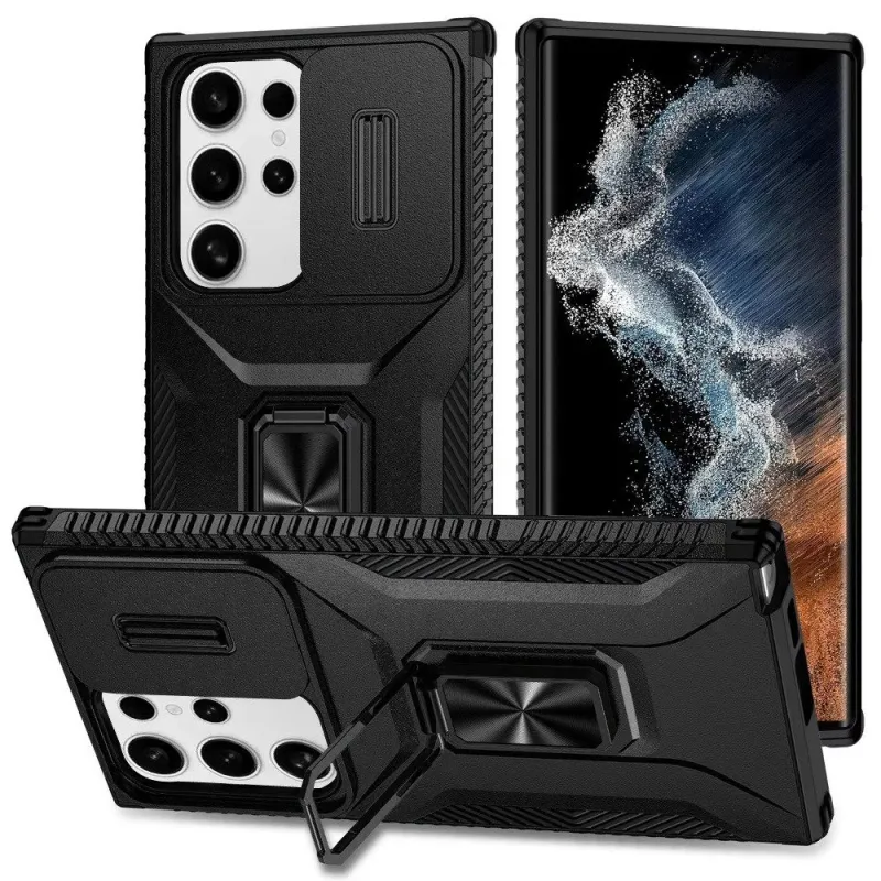 Complete Magnetic Metal Ring Stand Camera Protection Hybrid For Samsung Galaxy S22 Ultra - Black
