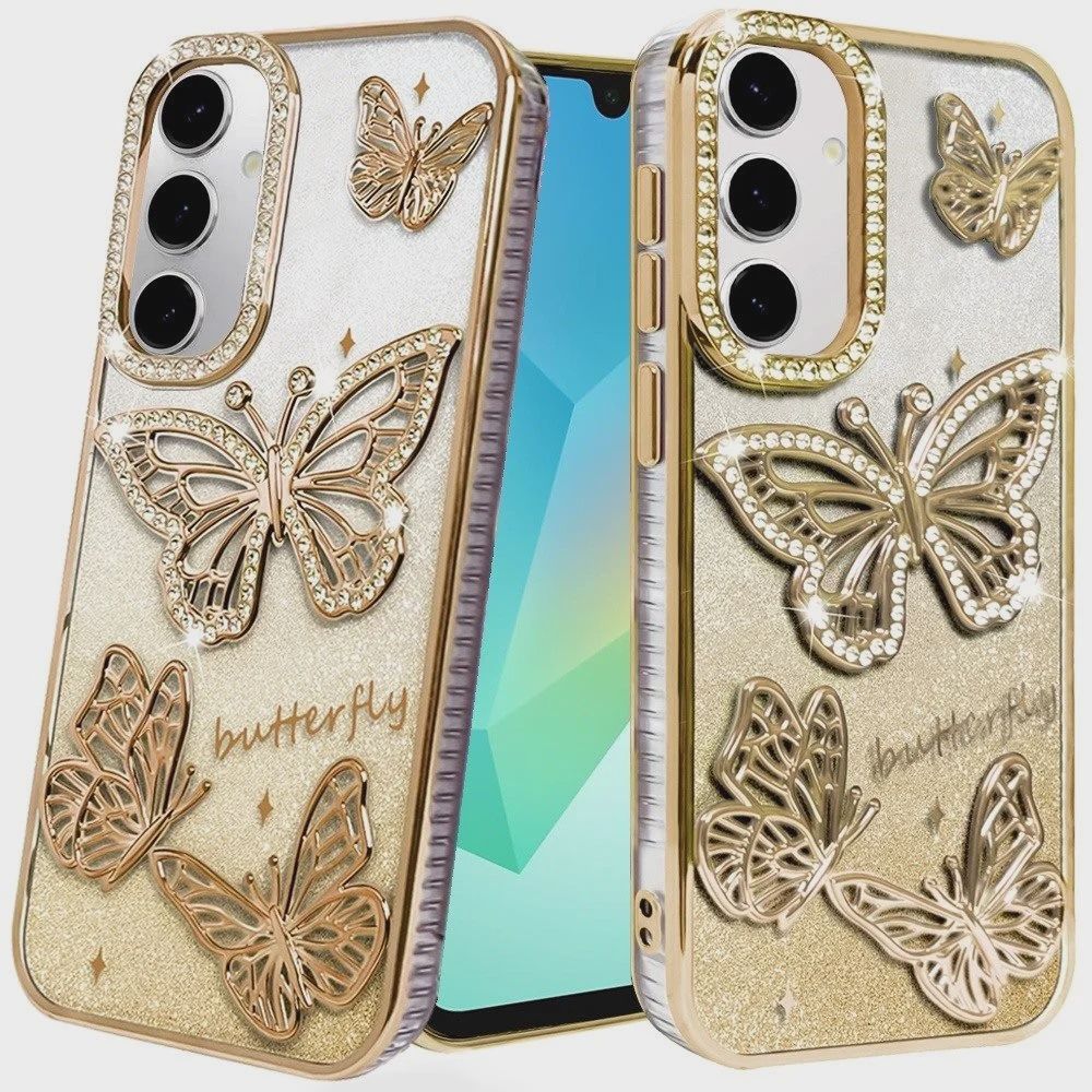 For Samsung A16 5G Butterfly Freedom Shimmer Glitter Thick TPU Case Cover - Gold