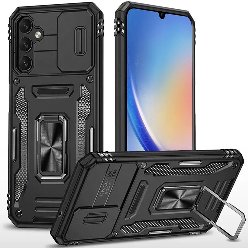 For Samsung A17 5G Utter Tough Metal Ring Movable Camera Window Hybrid Case Cover - Black