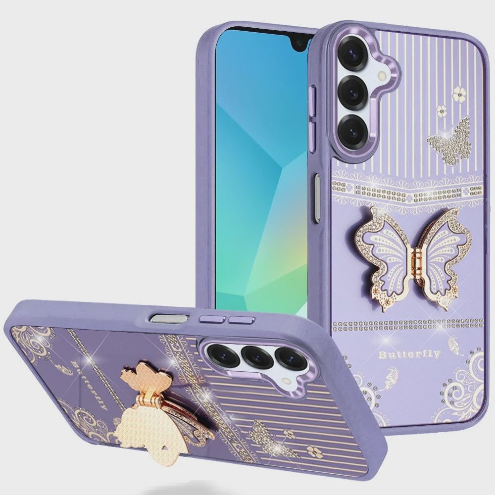 For Samsung A16 5G Splendid Glitter Butterfly Design Stand with Metallic Edges Hybrid Case - Dark Purple