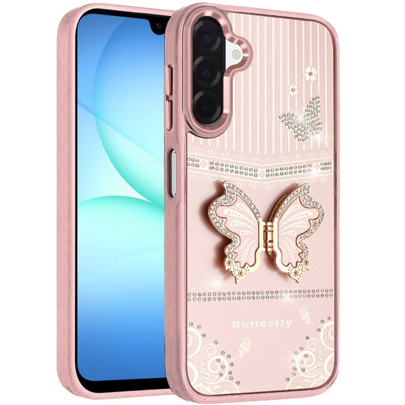 Splendid Glitter Butterfly Design Stand with Metallic Edges Hybrid Case A36 5G - Rose Gold