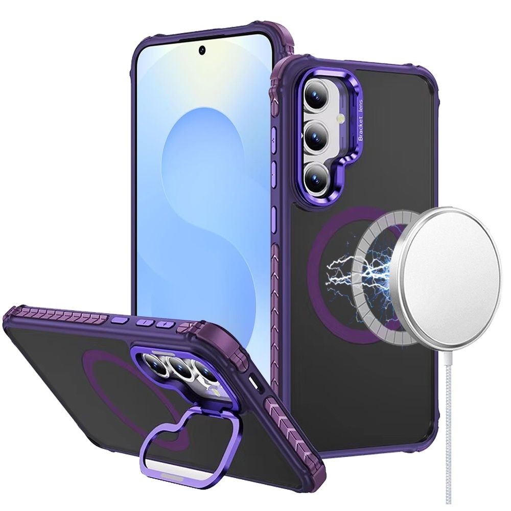 For Samsung s25 Plus/s24 Plus ShatterProof HQ Metal Camera Ring [Magnetic Circle] with Colorful Edged Bar Case - Dark Purple