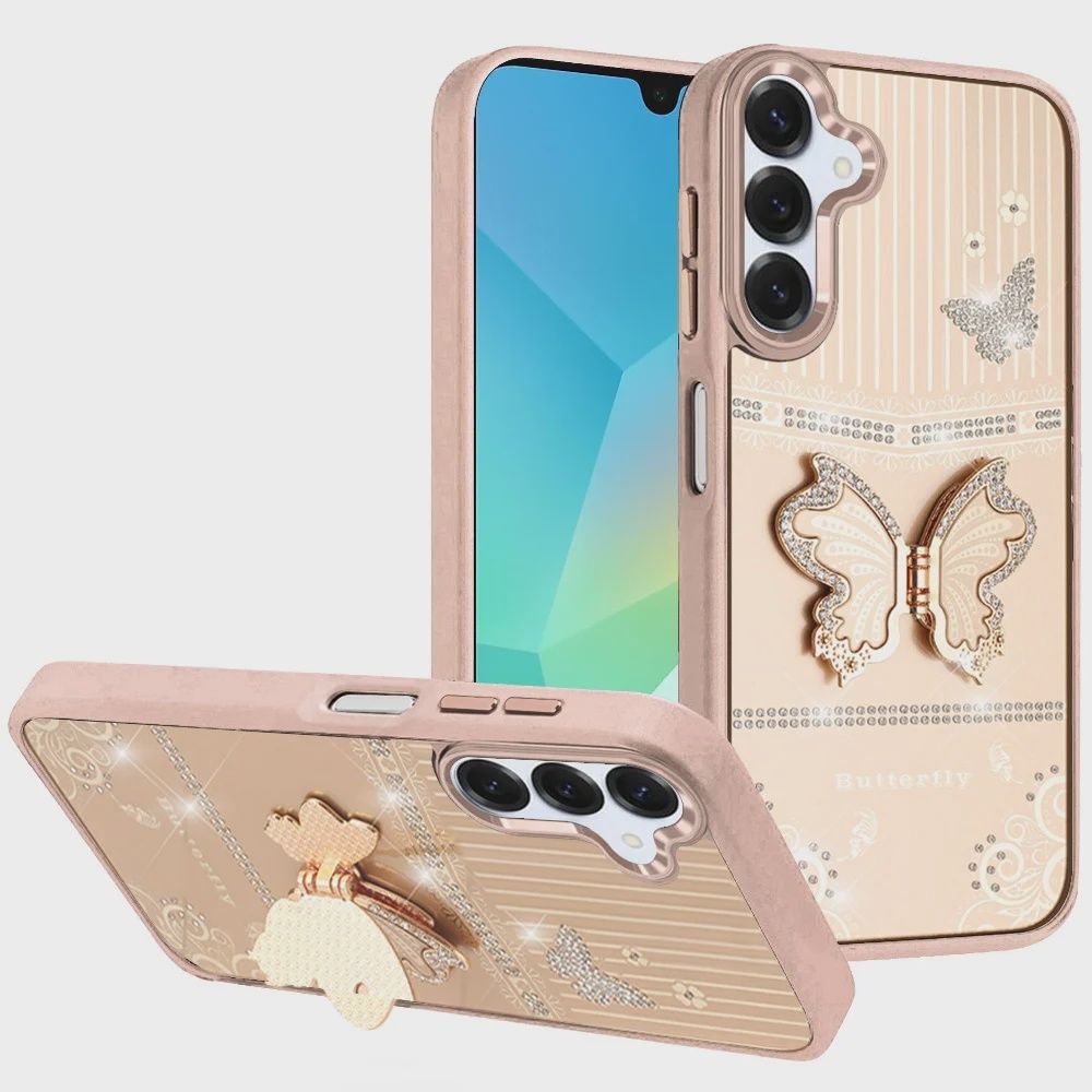 Samsung A16 5G Splendid Glitter Butterfly Design Stand with Metallic Edges Hybrid Case - Gold