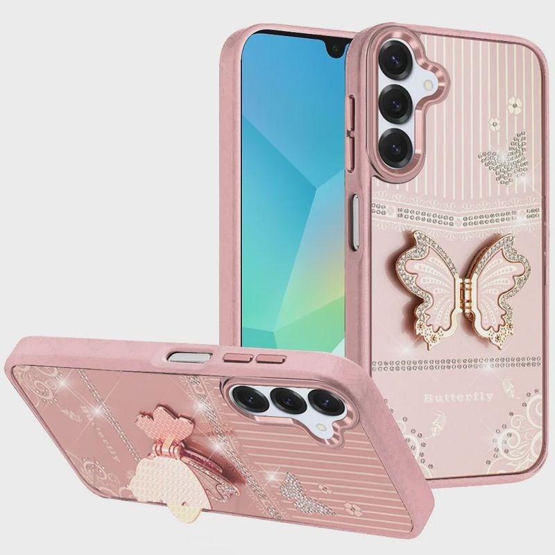 For Samsung A16 5G Splendid Glitter Butterfly Design Stand with Metallic Edges Hybrid Case - Rose Gold
