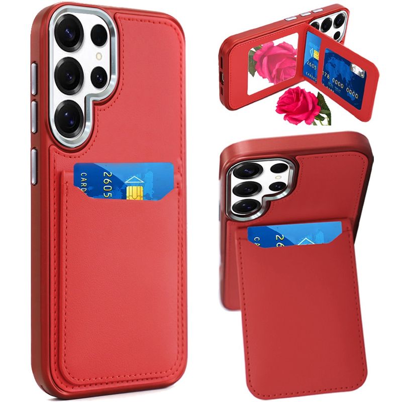 Card Holder with Mirror Inside PU Leather Hybrid Case For Samsung Galaxy s25 Ultra - Red