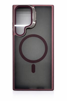 For Samsung S23 Ultra Frame Aluminium Camera Stand Metallic Buttons [Magnetic Circle] Tough HQ Hybrid Case - Burgundy