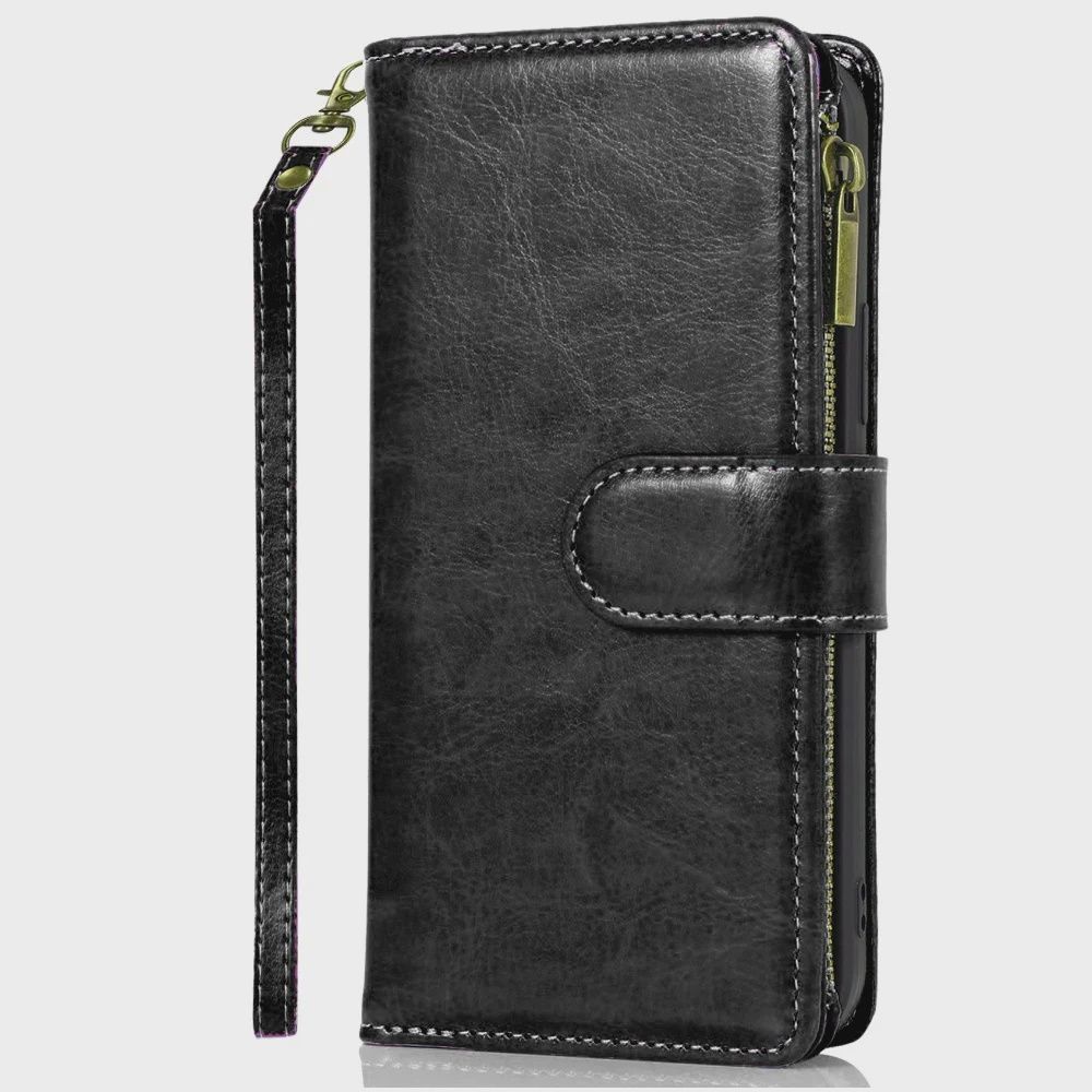 Luxury Wallet Card ID Zipper Money Holder Case Cover For Samsung s25 Plus/s24 Plus- Black